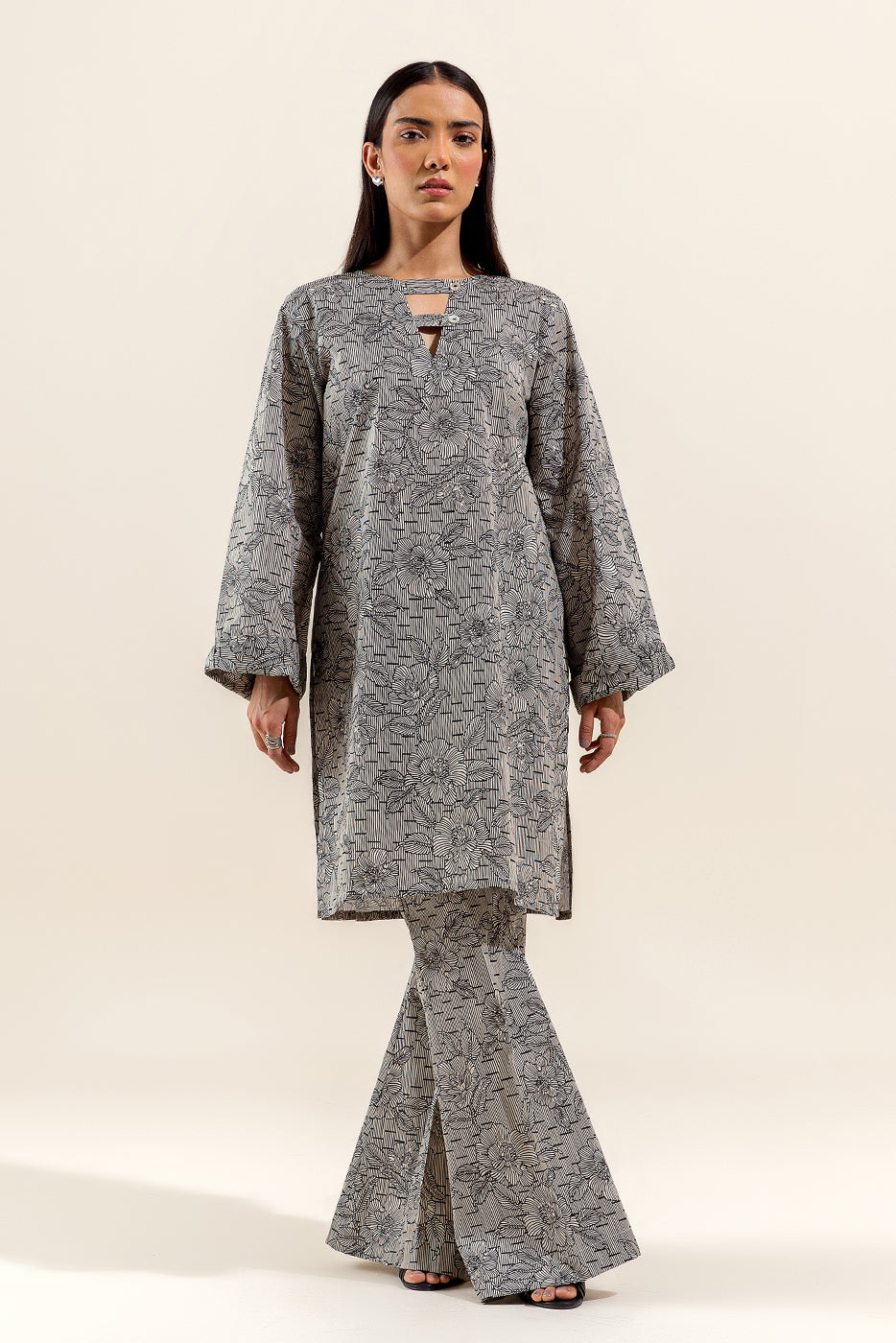 2 PIECE PRINTED LAWN SUIT-BEIGE HUES (UNSTITCHED)