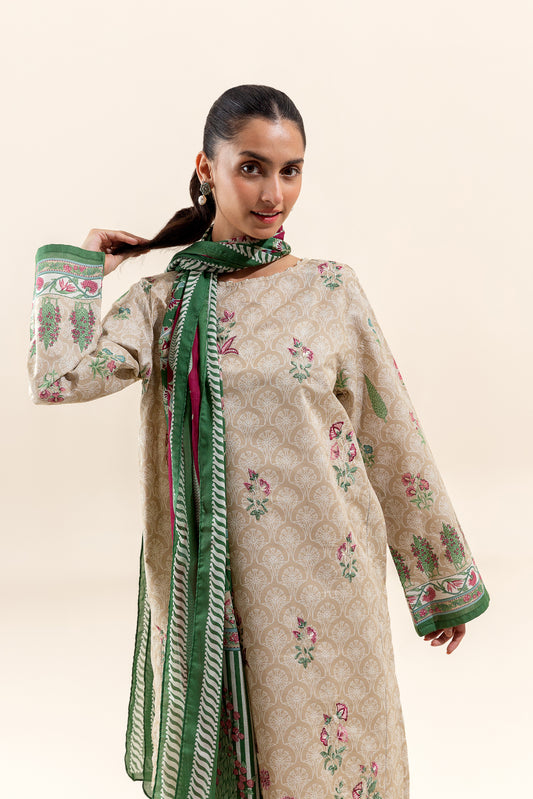 3 PIECE EMBROIDERED LAWN SUIT-CREWEL BEIGE (UNSTITCHED)