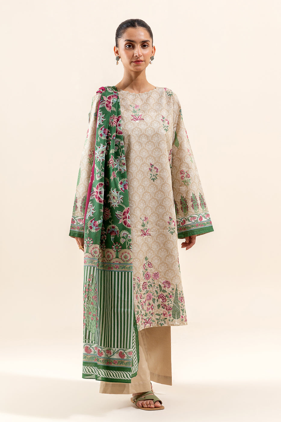 3 PIECE EMBROIDERED LAWN SUIT-CREWEL BEIGE (UNSTITCHED)