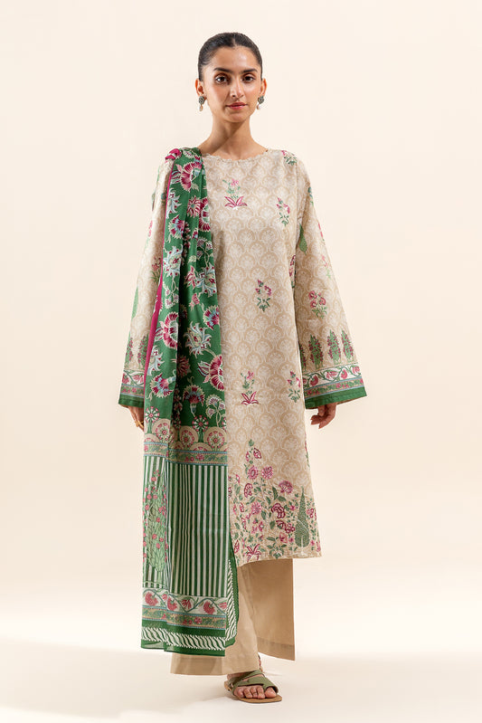 3 PIECE EMBROIDERED LAWN SUIT-CREWEL BEIGE (UNSTITCHED)
