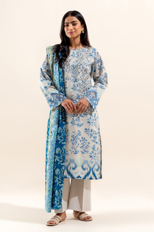 3 PIECE EMBROIDERED LAWN SUIT-BLUE FROST (UNSTITCHED)