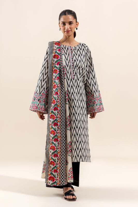 3 PIECE EMBROIDERED LAWN SUIT-IKAT MESH (UNSTITCHED)