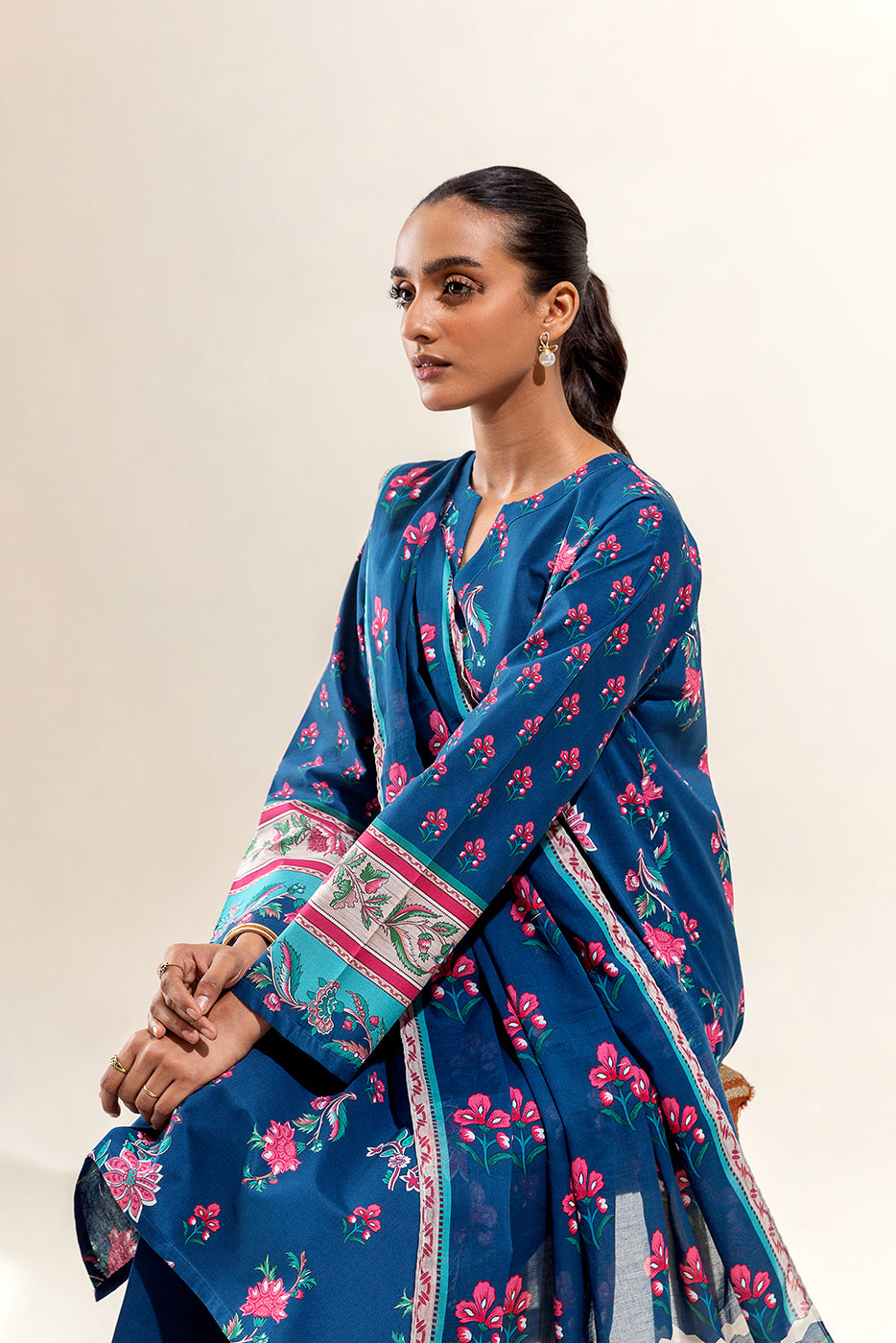 3 PIECE PRINTED SUIT-TEAL FLORA (UNSTITCHED)