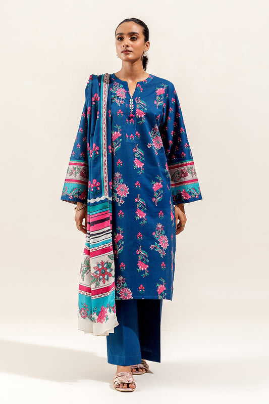 3 PIECE PRINTED SUIT-TEAL FLORA (UNSTITCHED)