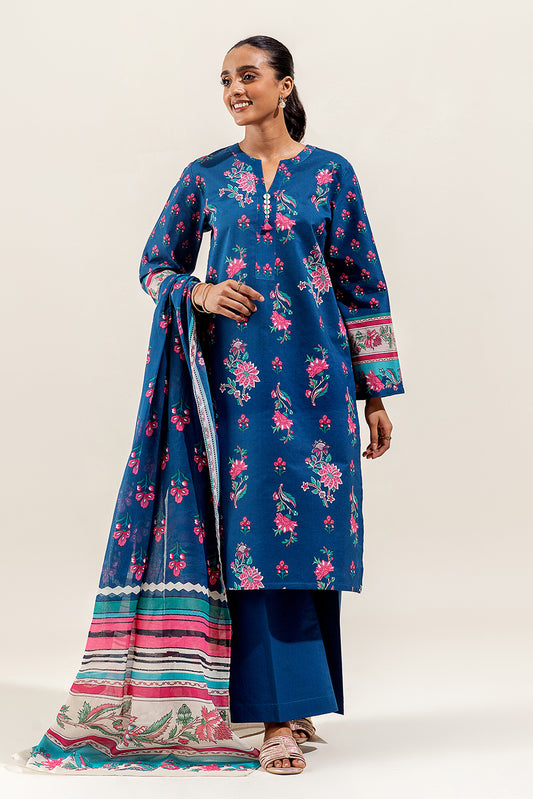 3 PIECE PRINTED SUIT-TEAL FLORA (UNSTITCHED)