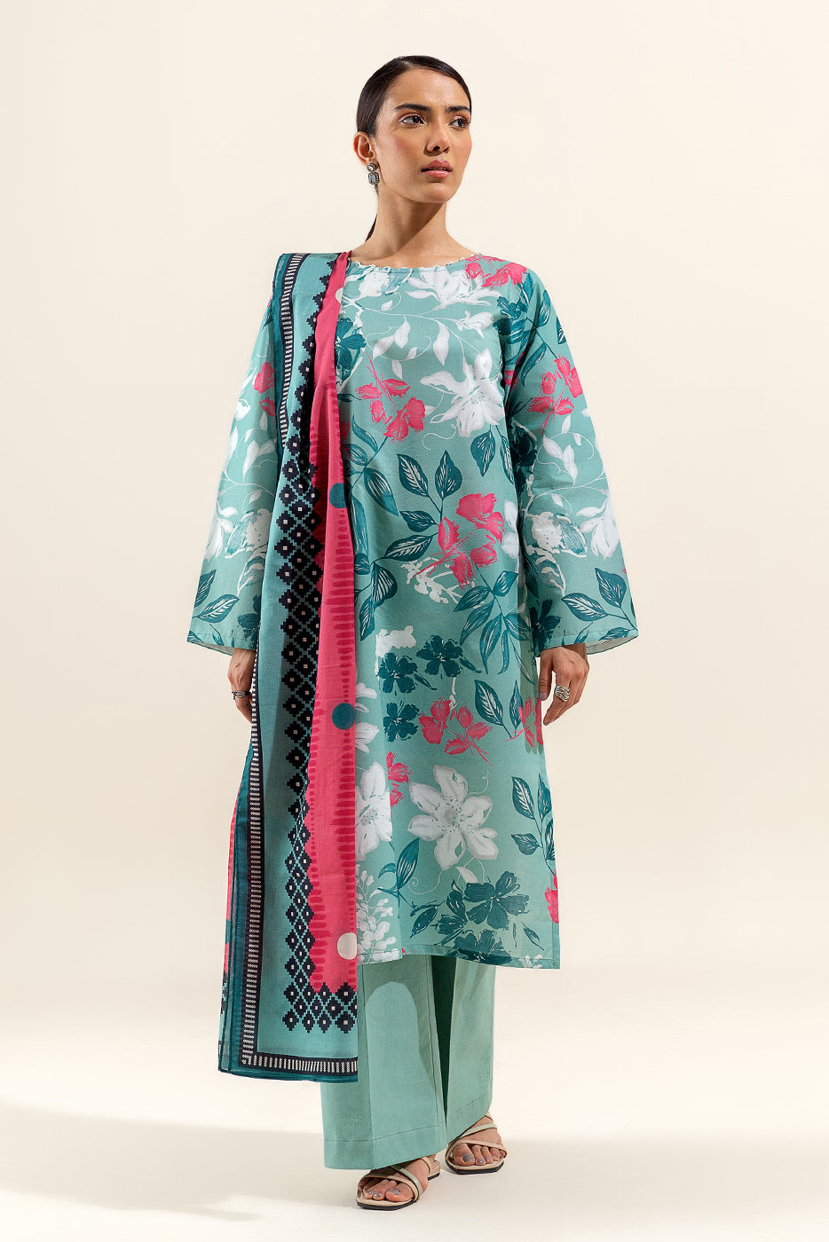 3 PIECE PRINTED LAWN SUIT-TENDER LEAF (UNSTITCHED)