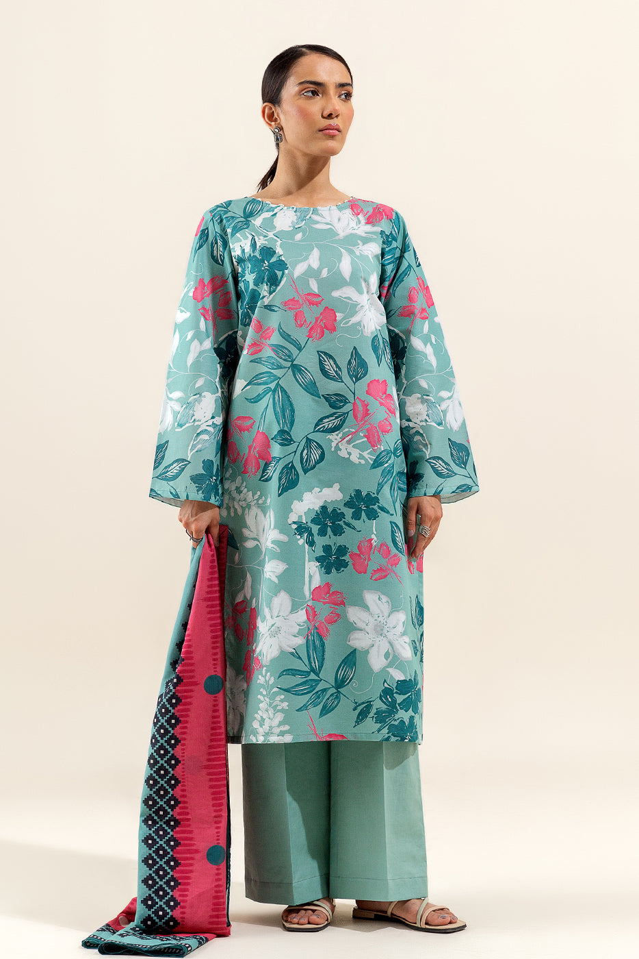 3 PIECE PRINTED LAWN SUIT-TENDER LEAF (UNSTITCHED)