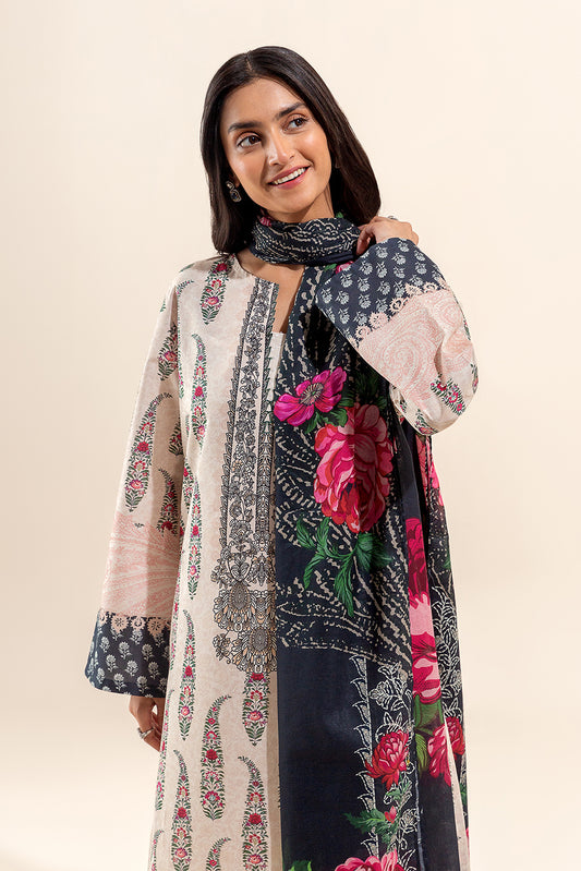 3 PIECE PRINTED LAWN SUIT-PAISLEY TAN (UNSTITCHED)