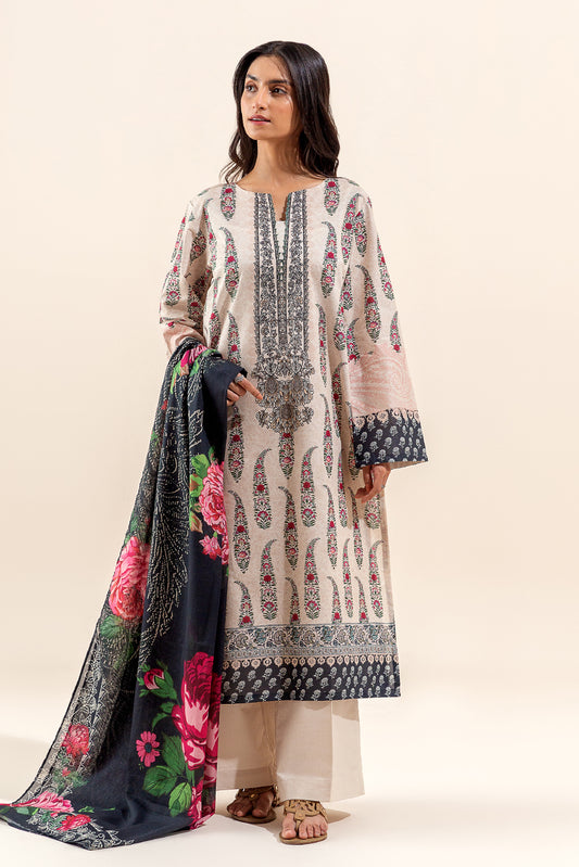 3 PIECE PRINTED LAWN SUIT-PAISLEY TAN (UNSTITCHED)