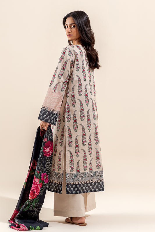 3 PIECE PRINTED LAWN SUIT-PAISLEY TAN (UNSTITCHED)