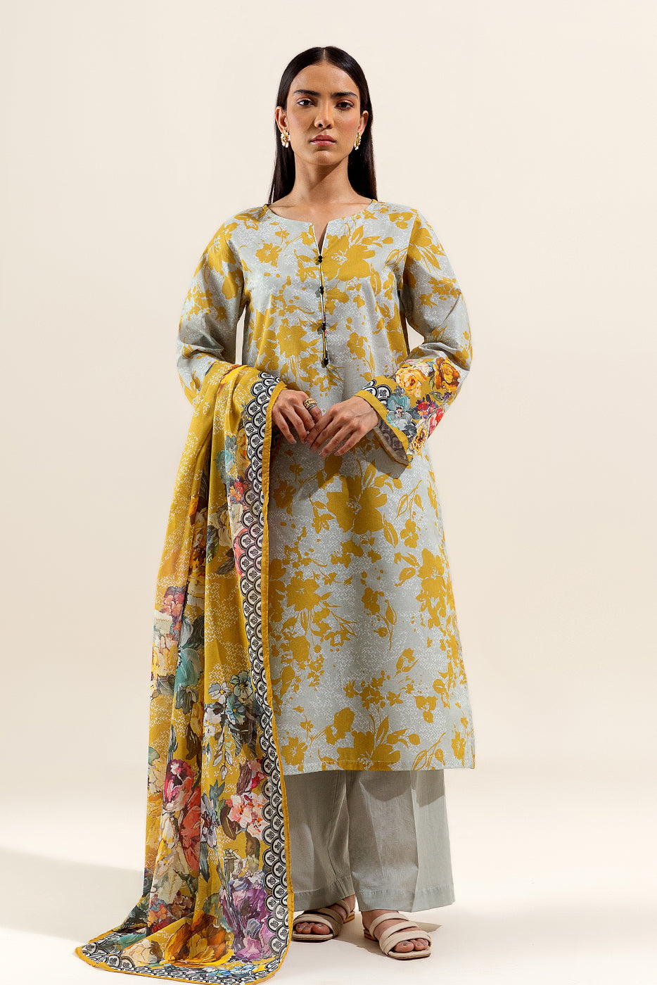 3 PIECE PRINTED LAWN SUIT-CANARY BLOOM (UNSTITCHED)
