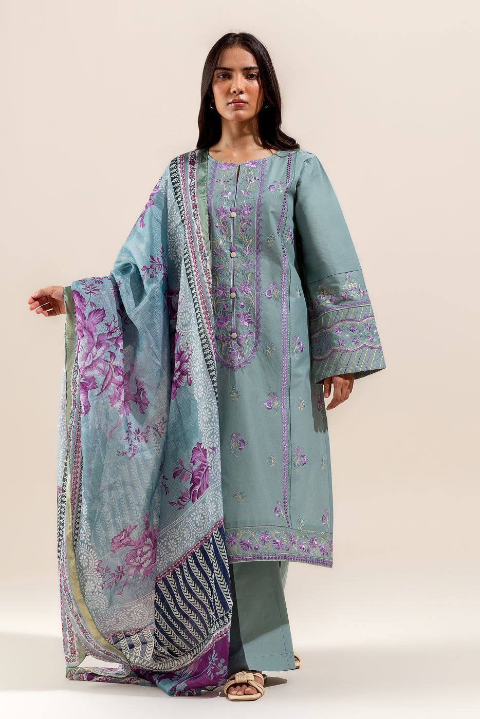 2 PIECE EMBROIDERED LAWN SUIT-MINT GLOW (UNSTITCHED)