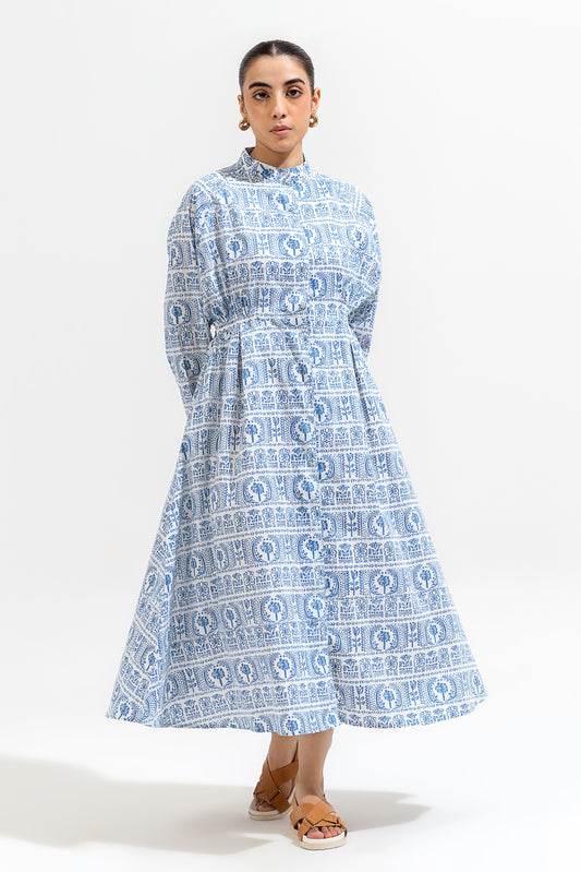 PRINTED LONG BAND COLLAR DRESS