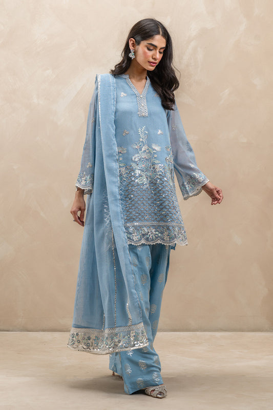 3 PIECE EMBROIDERED KHADDI NET SUIT (LUXURY-PRET)