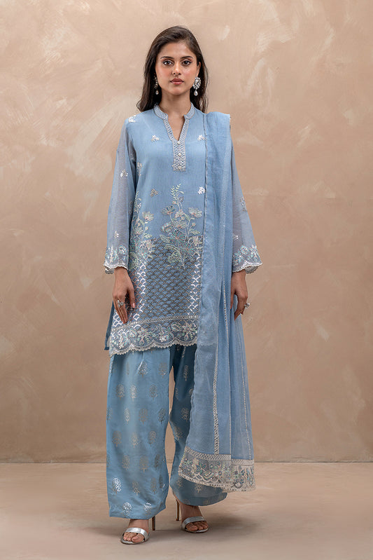 3 PIECE EMBROIDERED KHADDI NET SUIT (LUXURY-PRET)