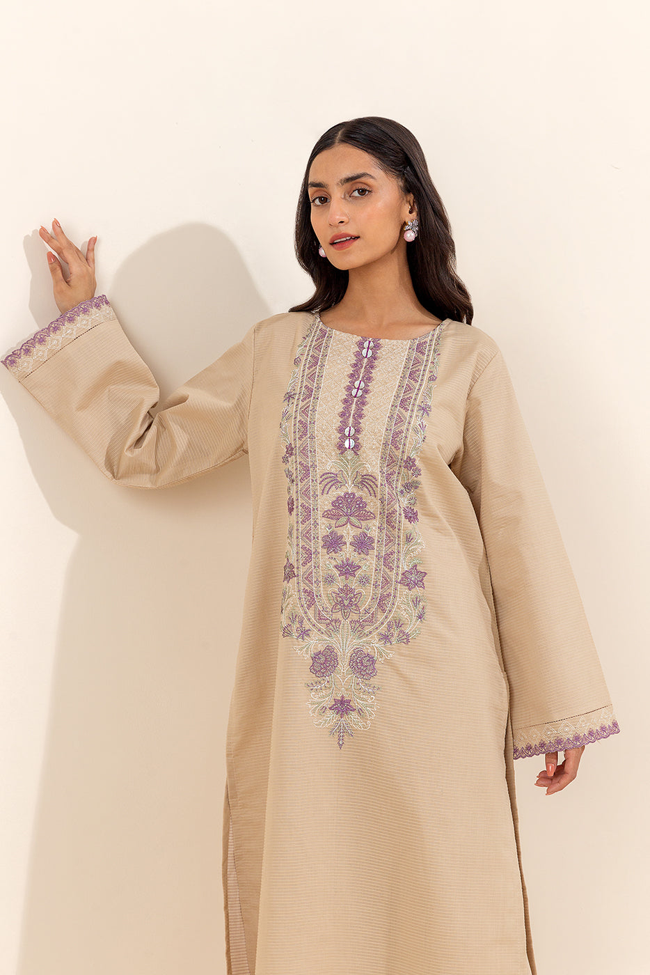 1 PIECE EMBROIDERED DORIA SHIRT-TAUPE SERENITY (UNSTITCHED)