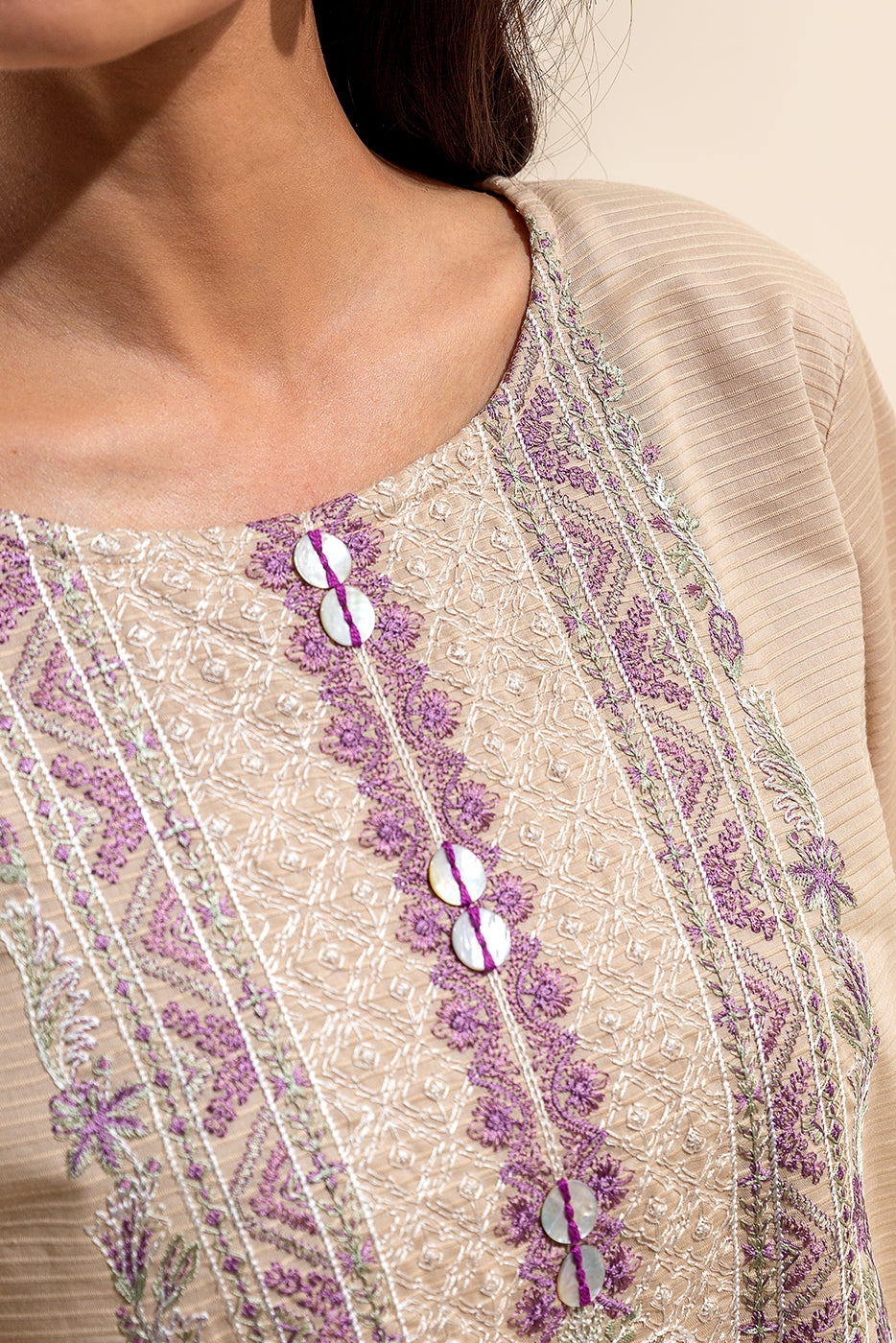 1 PIECE EMBROIDERED DORIA SHIRT-TAUPE SERENITY (UNSTITCHED)