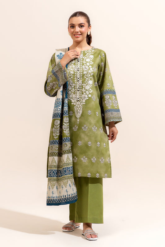3 PIECE EMBROIDERED LAWN SUIT-OLIVE VERDEL (UNSTITCHED)