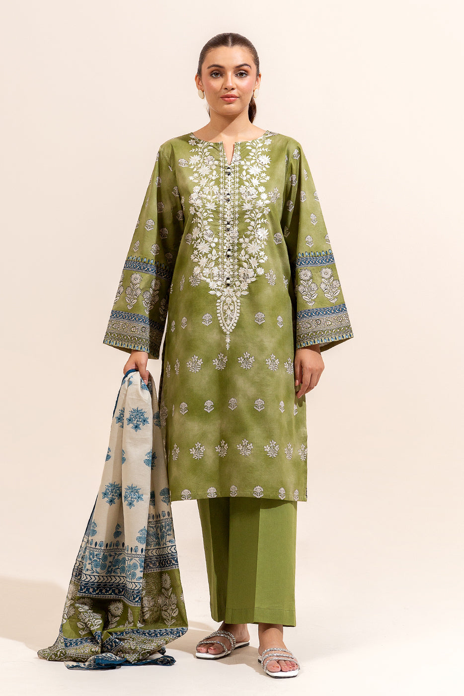 3 PIECE EMBROIDERED LAWN SUIT-OLIVE VERDEL (UNSTITCHED)
