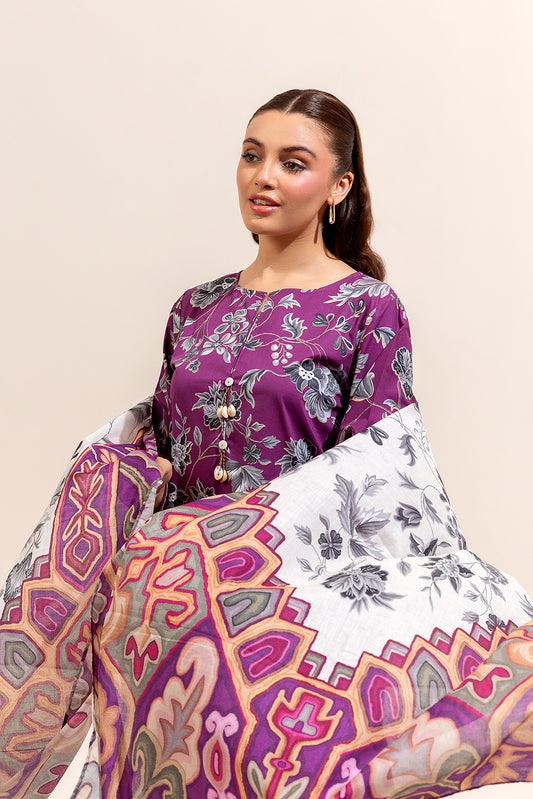 3 PIECE PRINTED LAWN SUIT-MULBERRY ASH (UNSTITCHED)