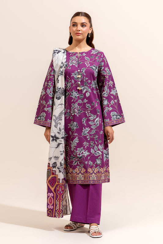 3 PIECE PRINTED LAWN SUIT-MULBERRY ASH (UNSTITCHED)