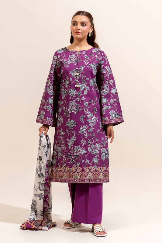 3 PIECE PRINTED LAWN SUIT-MULBERRY ASH (UNSTITCHED)