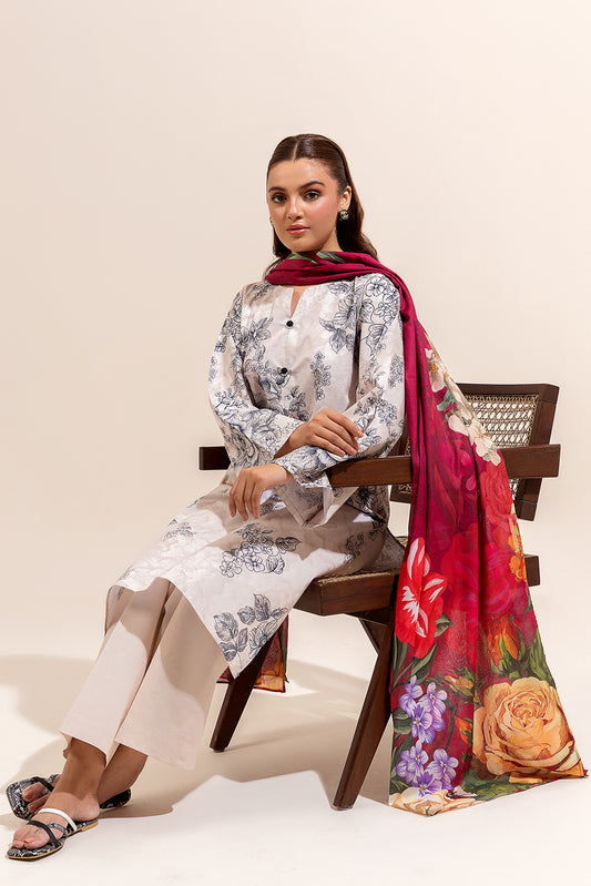 3 PIECE PRINTED LAWN SUIT-IVORY SHADOW (UNSTITCHED)