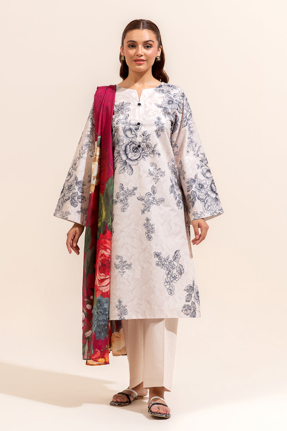 3 PIECE PRINTED LAWN SUIT-IVORY SHADOW (UNSTITCHED)