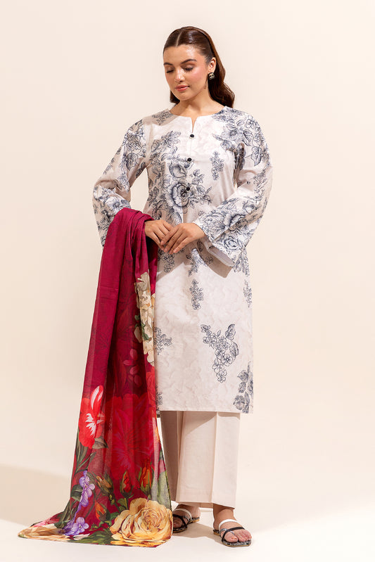 3 PIECE PRINTED LAWN SUIT-IVORY SHADOW (UNSTITCHED)