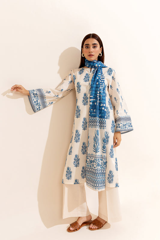 3 PIECE PRINTED LAWN SUIT-CREAM DRAPE (UNSTITCHED)