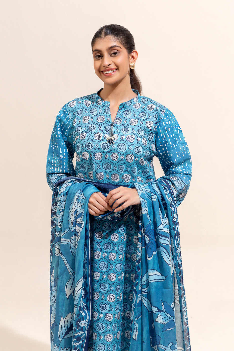 3 PIECE PRINTED LAWN SUIT-TEAL SERENE (UNSTITCHED)