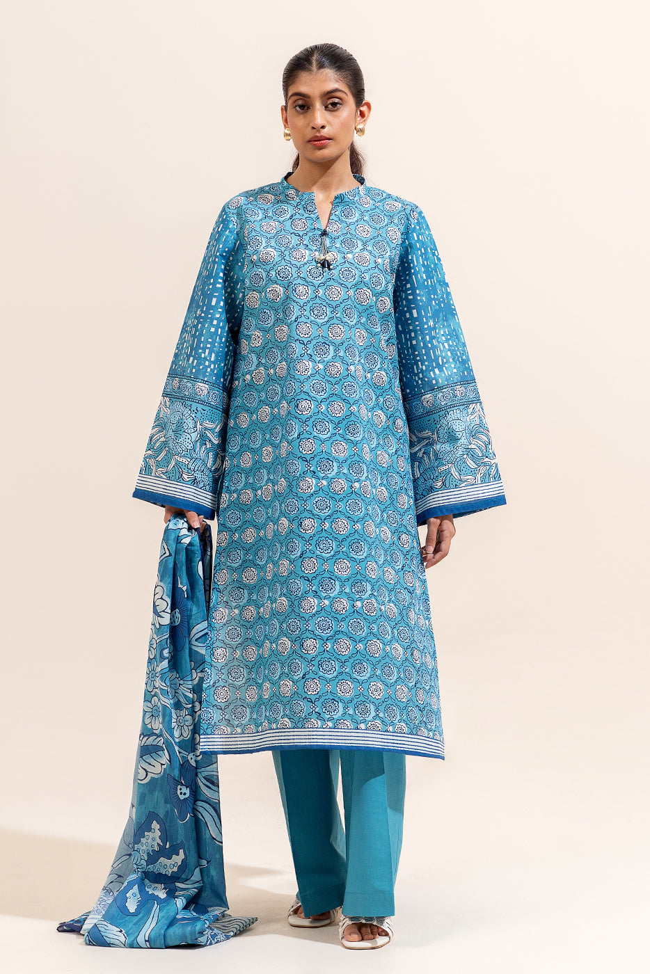 3 PIECE PRINTED LAWN SUIT-TEAL SERENE (UNSTITCHED)