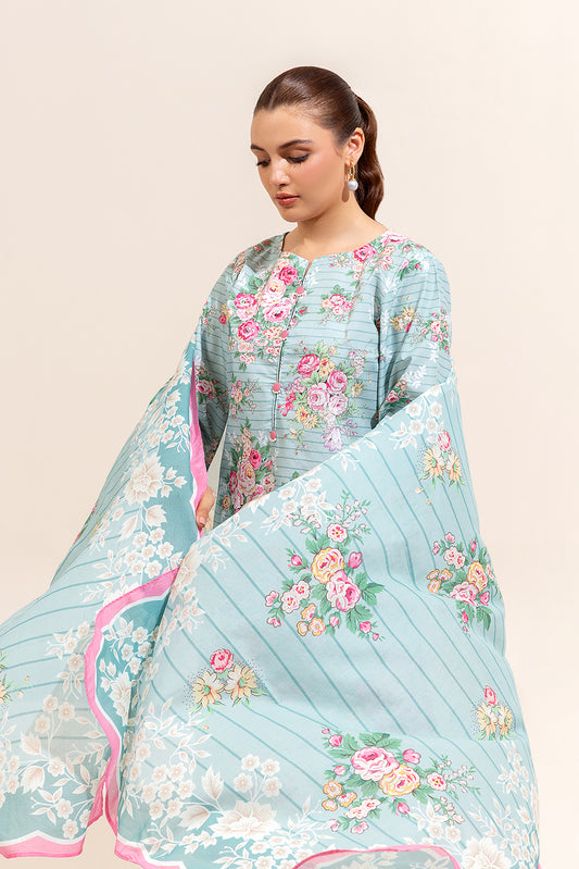 3 PIECE PRINTED LAWN SUIT-CYAN FLORA (UNSTITCHED)