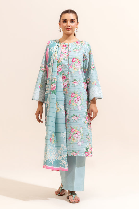 3 PIECE PRINTED LAWN SUIT-CYAN FLORA (UNSTITCHED)