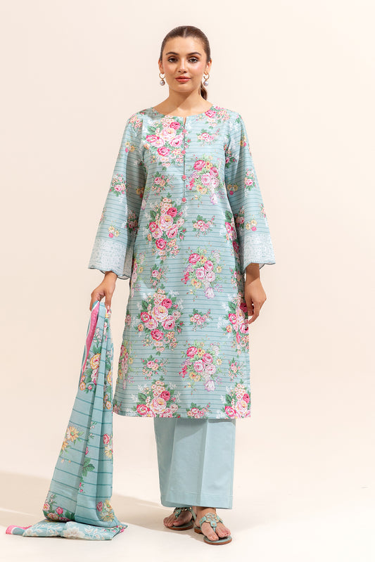 3 PIECE PRINTED LAWN SUIT-CYAN FLORA (UNSTITCHED)