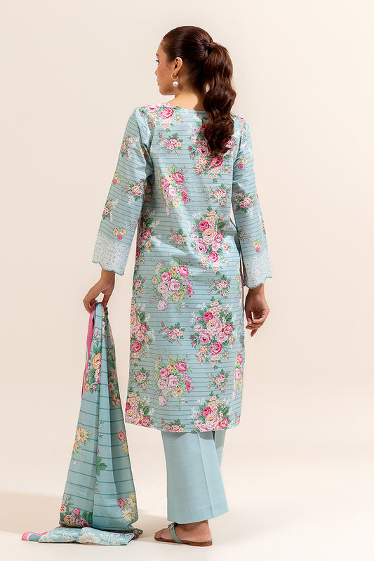 3 PIECE PRINTED LAWN SUIT-CYAN FLORA (UNSTITCHED)