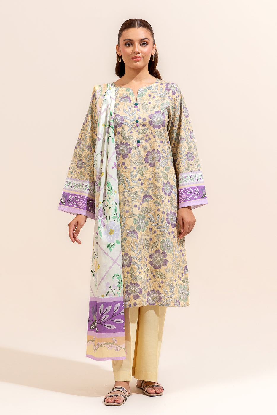 3 PIECE PRINTED LAWN SUIT-SUBTLE CANARY (UNSTITCHED)