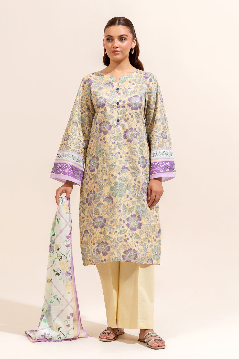 3 PIECE PRINTED LAWN SUIT-SUBTLE CANARY (UNSTITCHED)