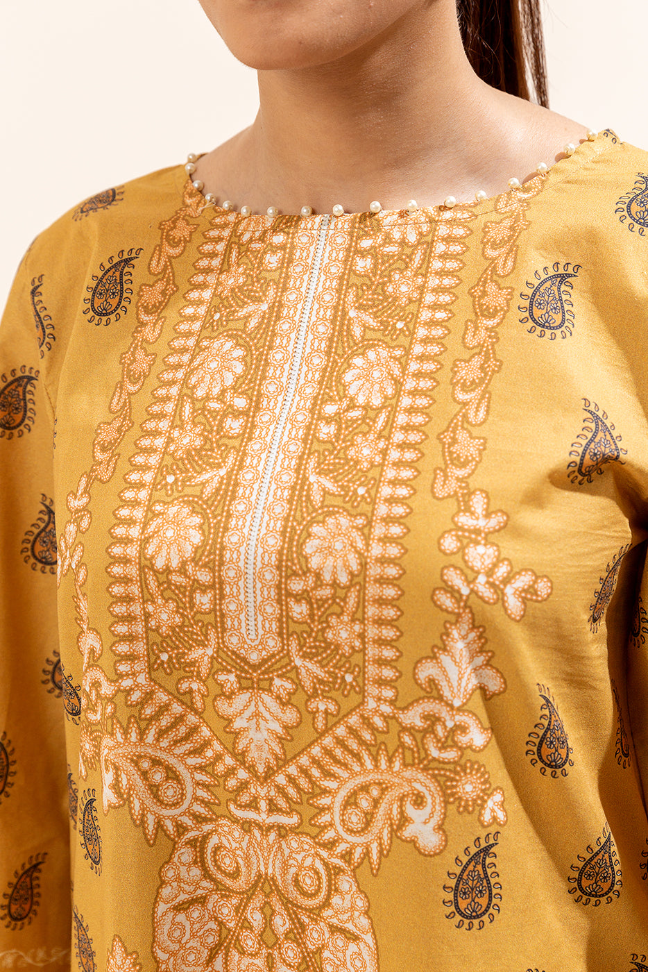 3 PIECE PRINTED LAWN SUIT-MUSTARD FOIL (UNSTITCHED)