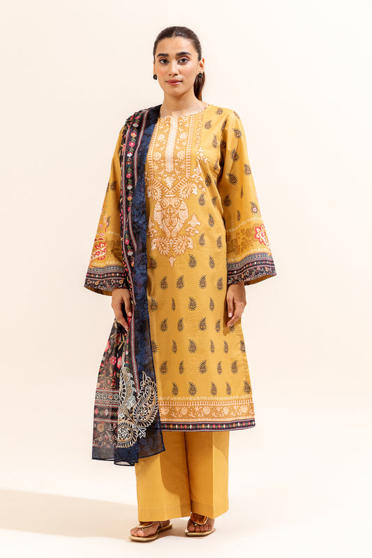 3 PIECE PRINTED LAWN SUIT-MUSTARD FOIL (UNSTITCHED)