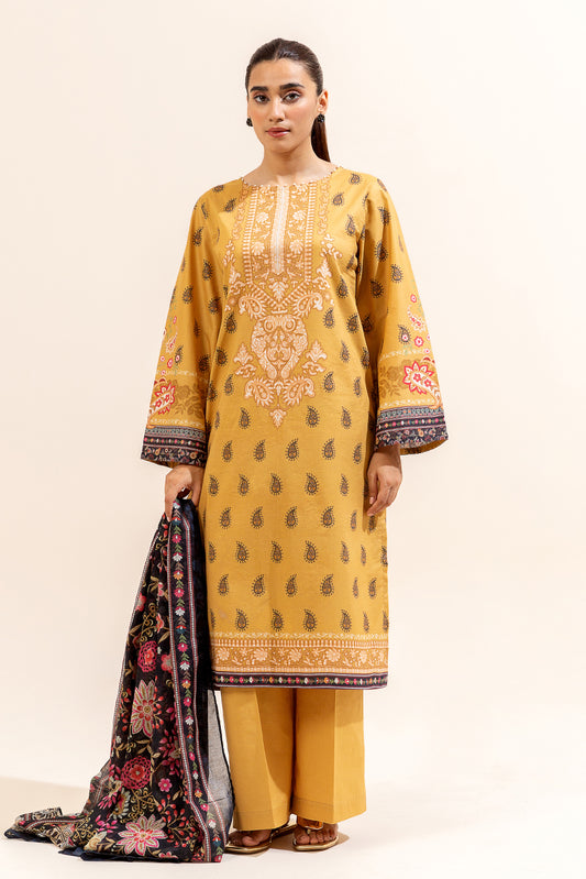 3 PIECE PRINTED LAWN SUIT-MUSTARD FOIL (UNSTITCHED)