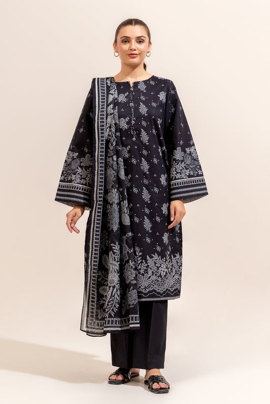 3 PIECE PRINTED LAWN SUIT-BLACK ORCHID (UNSTITCHED)