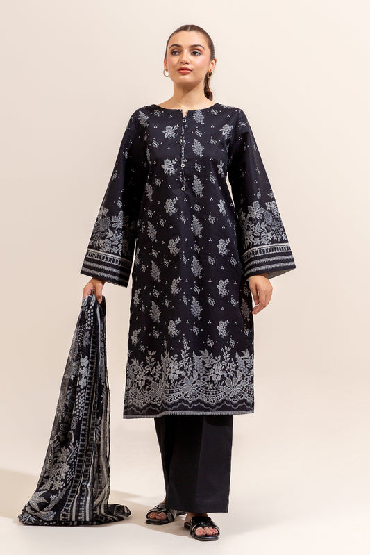 3 PIECE PRINTED LAWN SUIT-BLACK ORCHID (UNSTITCHED)