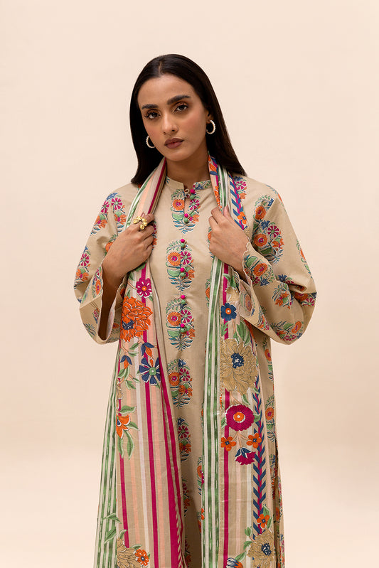 3 PIECE PRINTED LAWN SUIT-SAND FLORET (UNSTITCHED)