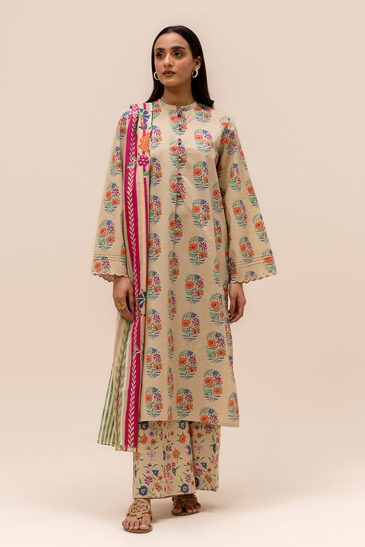 3 PIECE PRINTED LAWN SUIT-SAND FLORET (UNSTITCHED)