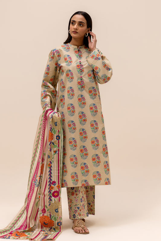 3 PIECE PRINTED LAWN SUIT-SAND FLORET (UNSTITCHED)