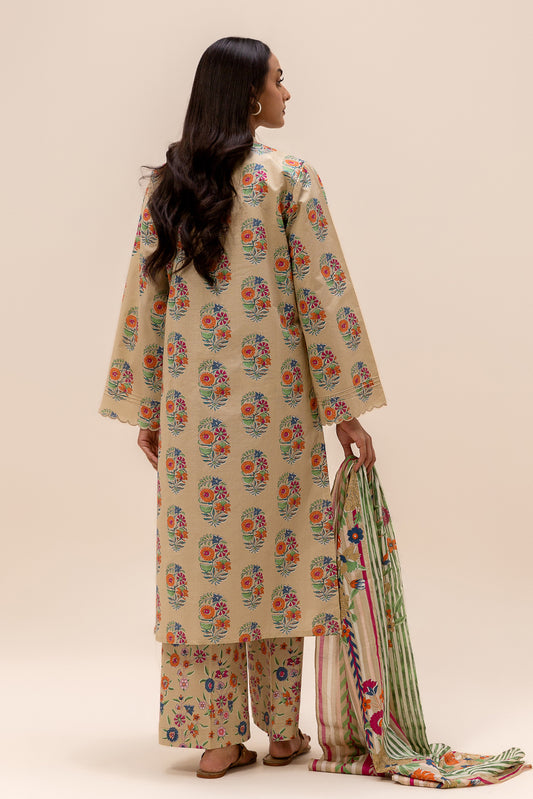 3 PIECE PRINTED LAWN SUIT-SAND FLORET (UNSTITCHED)