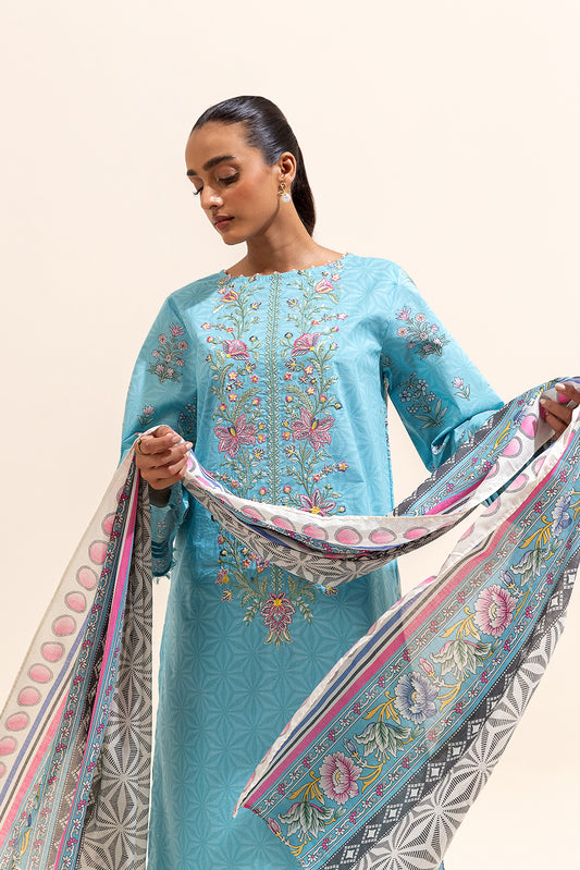 3 PIECE EMBROIDERED LAWN SUIT-CYAN WHISPER (UNSTITCHED)