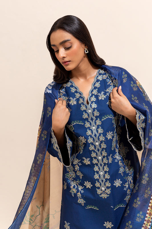 3 PIECE EMBROIDERED LAWN SUIT-NAVY MEADOW (UNSTITCHED)