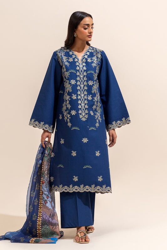 3 PIECE EMBROIDERED LAWN SUIT-NAVY MEADOW (UNSTITCHED)